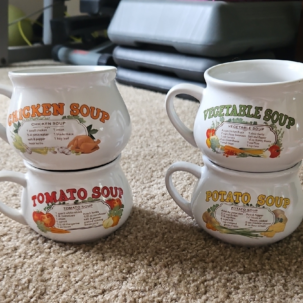 White Soup Mugs Set with Colorful Designs